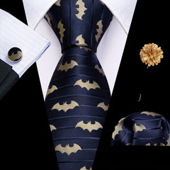 Purple Bat Necktie Mens Black Tie Hanky Cufflinks Set with Lapel Pin Gift Box