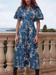 Elegant Denim Jacquard Waist Midi Dress