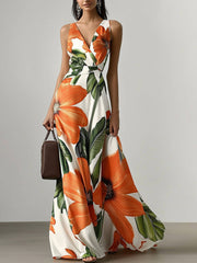 Elegant Floral Print Classic V Neck Sleeveless A-Line Maxi Dress