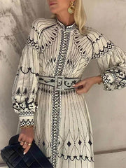 Vintage Casual Lantern Sleeve Floral Print Midi Dress