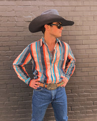 Men's Vintage Blue Orange Striped Long Sleeve Shirt