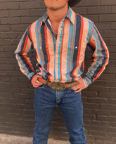 Men's Vintage Blue Orange Striped Long Sleeve Shirt