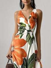 Elegant Floral Print Classic V Neck Sleeveless A-Line Maxi Dress