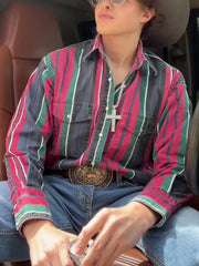 Men's Western Red Striped Long Sleeve Shirt