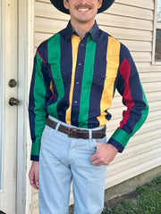 Men's Western Green Striped Long Sleeve Shirt