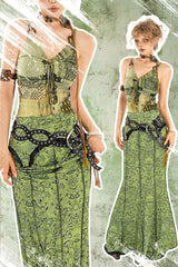 Bohemian Green Botanical Print Bustier Top & Bodycon Mini Skirt Set