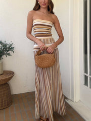 Exquisite Strapless Striped Printed Pleated Maxi Dress