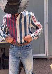 Men's Casual Vintage Blue Striped Long Sleeve Shirt