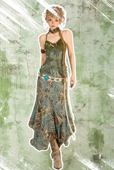 Forest Elf Printed Sling Vest Two-Piece Set Irregular Skirt Vintage Set