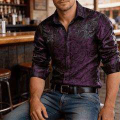 Mens Purple Dress Shirt Paisley Silk Long Sleeve Button Down Shirt
