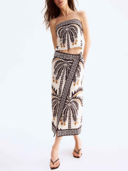 Retro Palm Tree Print Tube Top Two-Piece Set