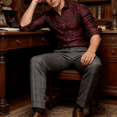 Mens Western Shirt Silk Burgundy Paisley Long Sleeve Button Down Dress Shirt