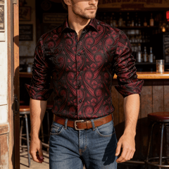 Mens Western Shirt Silk Burgundy Paisley Long Sleeve Button Down Dress Shirt