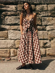 Boho Gingham Long Slip Via Midi Dress