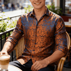 Copper Paisley Button Down Shirt Casual Silk Long Sleeve Dress Shirt
