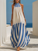 Resort-Style Blue And White Striped Chiffon Halter Neck Sleeveless Maxi Dress
