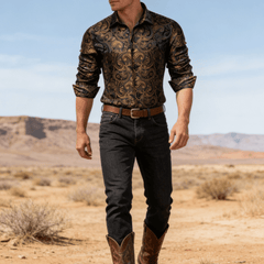 Gold Casual Shirt for Men Paisley Long Sleeve Button Down Shirt