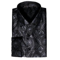 Mens Western Shirt Black Grey Paisley Long Sleeve Button Down Dress Shirt