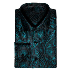 Mens Silk Teal Green Dress Shirt Paisley Jacquard Long Sleeve Button Down Shirt