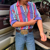 Men's Fashionable Casual Western Purple Red Striped Shirt