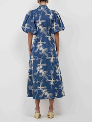 Elegant Denim Jacquard Waist Midi Dress