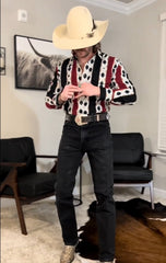 Men's Casual Retro Red and Blue Striped Long Sleeve Shirt