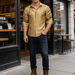 Mens Gold Dress Shirt Paisley Silk Long Sleeve Button Down Formal Shirts