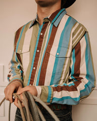 Men's Western Blue and Green Striped Long Sleeve Shirt