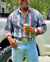 Men's Casual Western Blue Pink Striped Long Sleeve Shirt