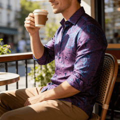 Mens Purple Dress Shirt 70s Disco Paisley Shirt Button Down Long Sleeve Tops