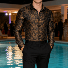 Gold Casual Shirt for Men Paisley Long Sleeve Button Down Shirt
