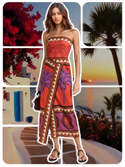 Unique Palm Tree Floral Off-Shoulder Midi Dress