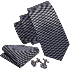 Mens Black Grey Tie Silk Plaid Formal Necktie Pocket Square Cufflinks Set