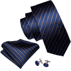 Navy Blue Striped Tie Gold Silk Necktie Pocket Square Cufflinks Set for Men Business