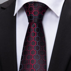 Black Red Geometric Silk Tie Pocket Square Cufflinks Set