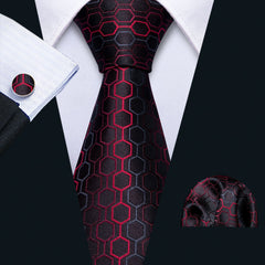 Black Red Geometric Silk Tie Pocket Square Cufflinks Set
