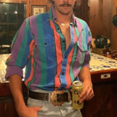 Men's Western Casual Green Blue Striped Shirt