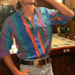 Men's Western Casual Green Blue Striped Shirt