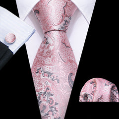 Floral Tie Paisley Silver Pink Silk Necktie Hanky Cufflinks Set for Men Party