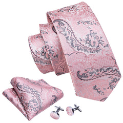 Floral Tie Paisley Silver Pink Silk Necktie Hanky Cufflinks Set for Men Party