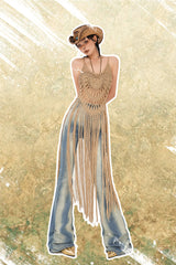 Tassel Trim Crochet Bralette & High-Slit Suspender Dress