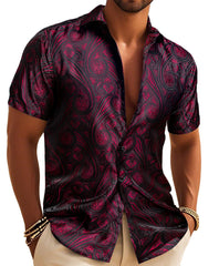 Mens Western Shirt Silk Burgundy Paisley Short Sleeve Button Down Dress Shirt