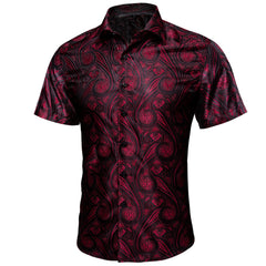 Mens Western Shirt Silk Burgundy Paisley Short Sleeve Button Down Dress Shirt