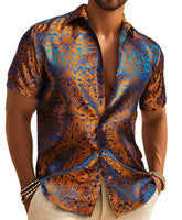 Copper Paisley Button Down Shirt Casual Silk Short Sleeve Dress Shirt