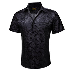 Black Paisley Jacquard Short Sleeve Button Up Shirt for Men