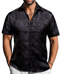 Black Paisley Jacquard Short Sleeve Button Up Shirt for Men