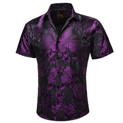 Purple Black Floral Jacquard Short Sleeve Button Up Shirt for Men
