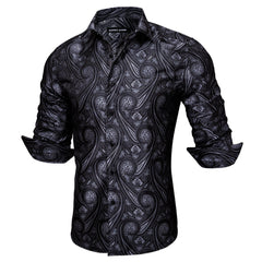 Mens Western Shirt Black Grey Paisley Long Sleeve Button Down Dress Shirt