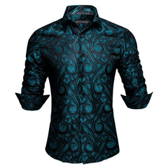 Mens Silk Teal Green Dress Shirt Paisley Jacquard Long Sleeve Button Down Shirt