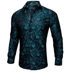 Mens Silk Teal Green Dress Shirt Paisley Jacquard Long Sleeve Button Down Shirt